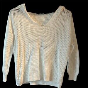 Evolution by Cyrus Sweater Womens Petite M Ivory Open Knit Hooded V-Neck